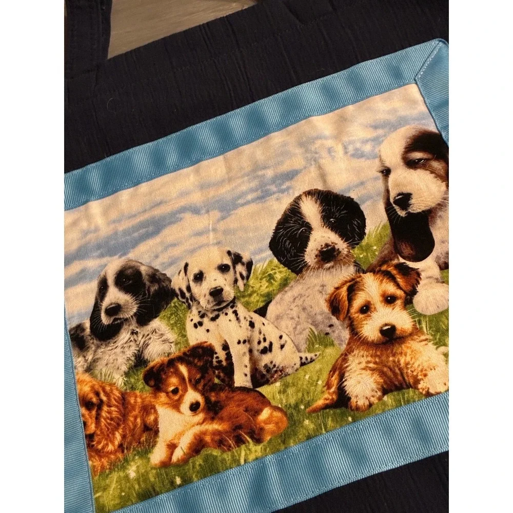 Handmade Navy Blue Canvas Puppy Dog Tote Bag Paw Print Applique Lined Book Bag